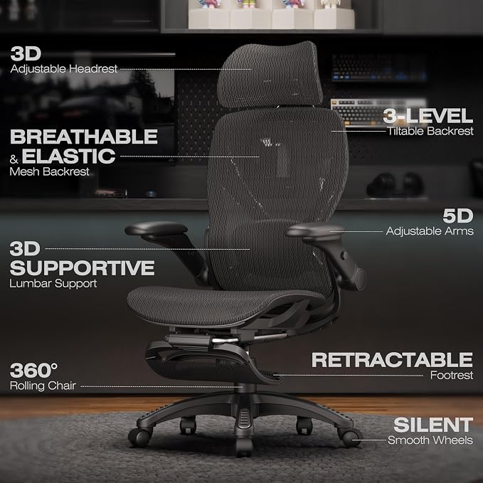 ELABEST X100 Ergonomic Mesh Office Chair with Footrest, Big and Tall Home Desk Chair with 5D Flip-Up Arms, Adjustable 3D Lumbar Support, Gaming & Executive Computer Chair, Night Reaper