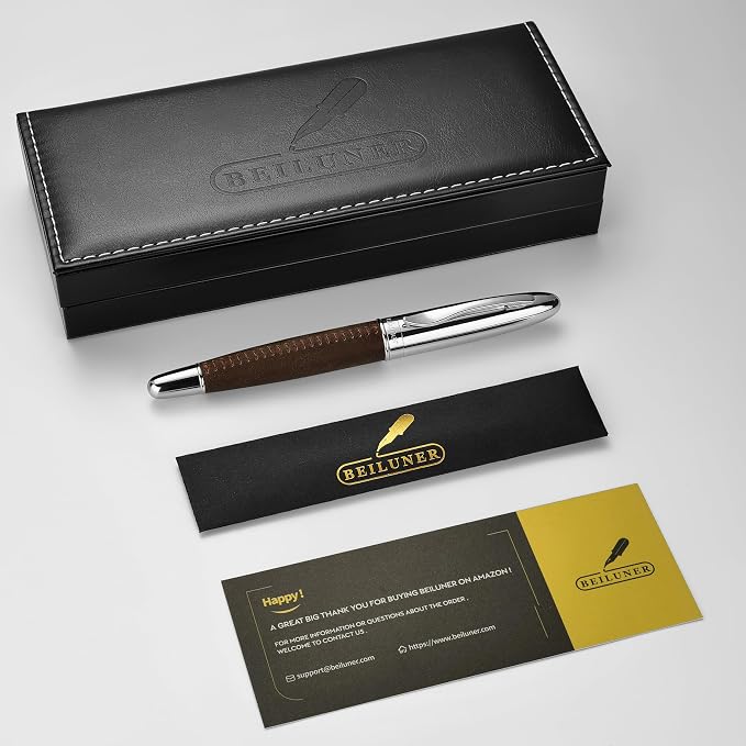 BEILUNER 318 Luxury Leather Pen, Full Grain Oil Tan Crazy Horse Cowhide Leather, Chrome-Plated Finish, Smooth Black Ink Refill, Best Rollerball Gift for Men & Women,Executive, Professional, Nice Pens