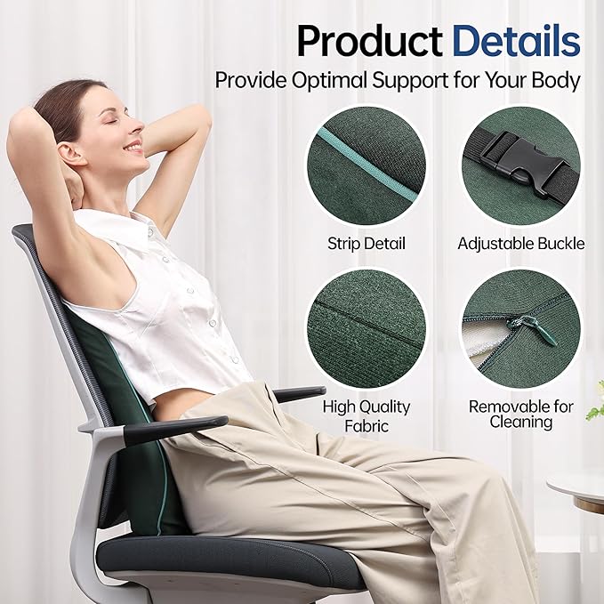 Plush & Comfortable Memory Foam Lumbar Support Pillow - Soft Back Cushion for Office Chair, Car Seat, Gaming Chair - Ergonomic Lower Back Pain Relief with Adjustable Straps & Washable Cover-Dark Green