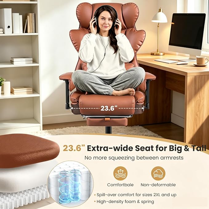 Big & Tall Executive Office Chair, 400 LBS Computer Desk Chair | 23.6" Extra-Wide Seat with Footrest, Ergonomic High Back with Lumbar Support, 165° Recline, 3.2" Adjustable Armrests, Brown