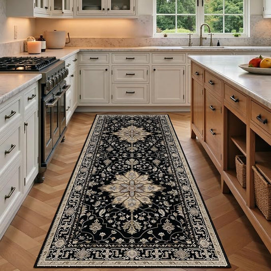 RELEANY Area Rugs Runner 3'x6' Washable Non-Slip, Floral Vintage Distress Medallion Carpet for Kitchen Hallway Bedroom Beside Laundry Room Bathroom, Black Brown Neutral Dark Tan