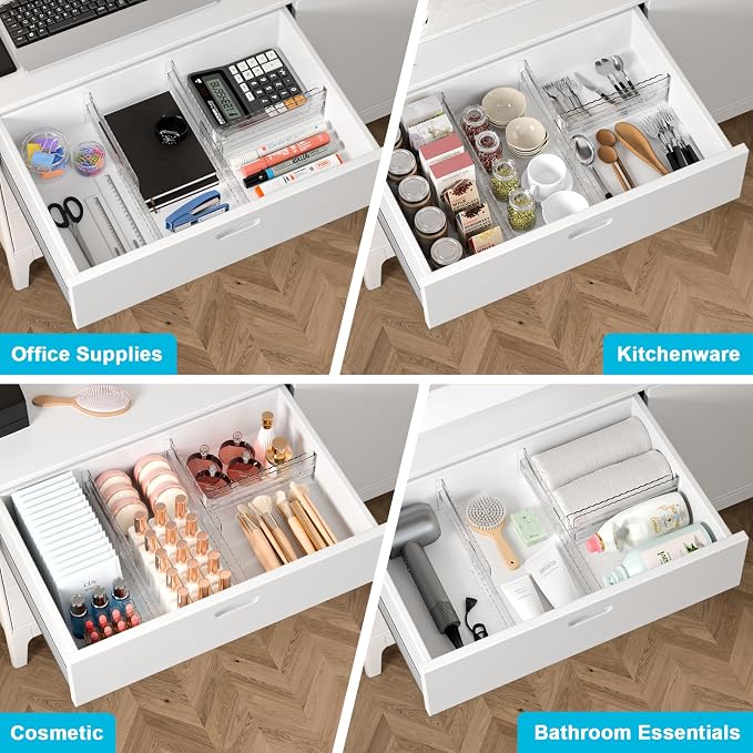 12 Pack 4" High Drawer Dividers for Clothes, 10.2"-16.5" Expandable Dresser Drawer Organizers, Adjustable Plastic Clear Drawer Separators for Kitchen, Baby Clothing, Socks, Underwear, Bedroom