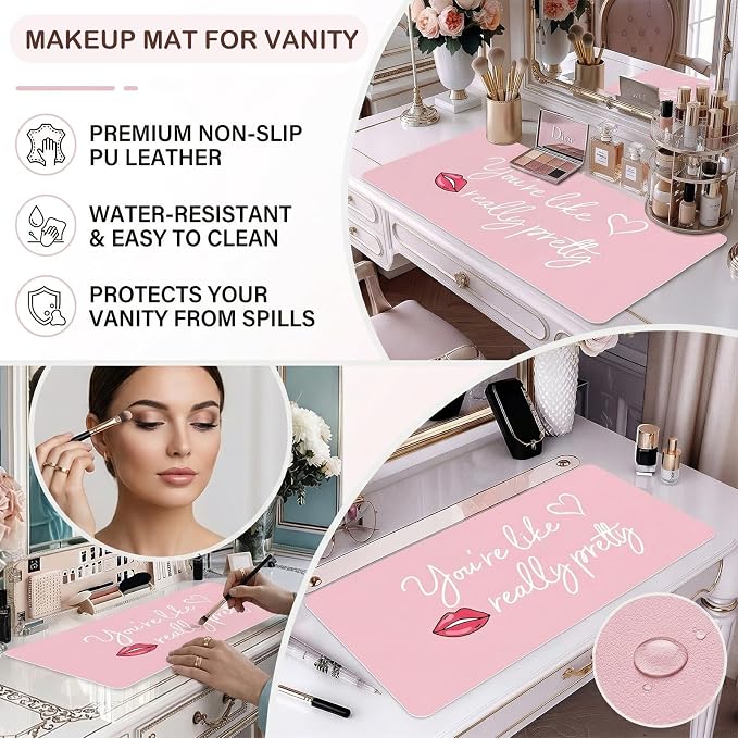 DOUDIZHU Makeup Mat for Vanity, Dual-Sided Vanity Top Protector Mat Waterproof Dressing Desk Makeup Table Cover Mat You're Like Really Pretty (Baby Pink/Silver, 23.6"x11.8")
