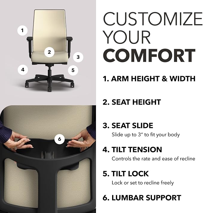 HON Ignition 2.0 Mid Back Task Chair, Spectrum Mesh, Advanced Synchro-Tilt Control, Office Chair with Lumbar Support, Height and Width Adjustable Arms, Black Frame, Linen
