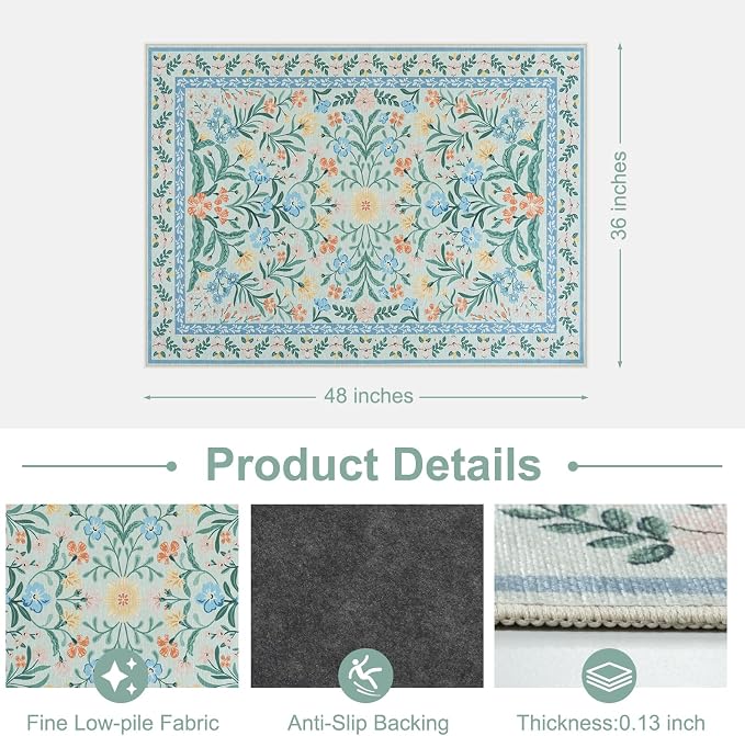 Anidaroel 36"x48" Office Chair Mat for Hardwood Floor/Tile, Anti-Slip Boho Desk Mat for Chairs, Tea Green Office Floor Mat, Low Pile Floor Protector for Rolling Chair, Floral Under Desk Rug