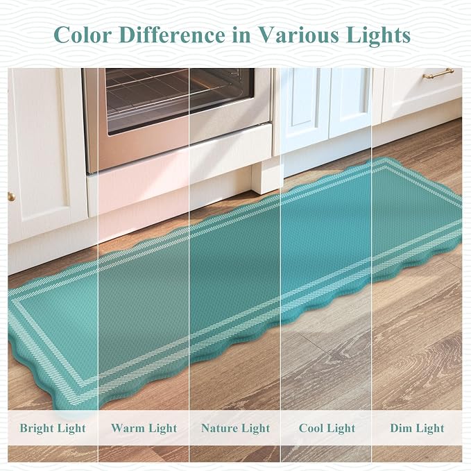 KIMODE Anti Fatigue Kitchen Mats,Turquoise Scalloped Rugs for Kitchen Floor | Padded Kitchen Floor Mats,,Boho Kitchen Rugs Sets of 2, Cushioned Standing Mat for Laundry Office Sink Desk 17"x47"+17"x29"