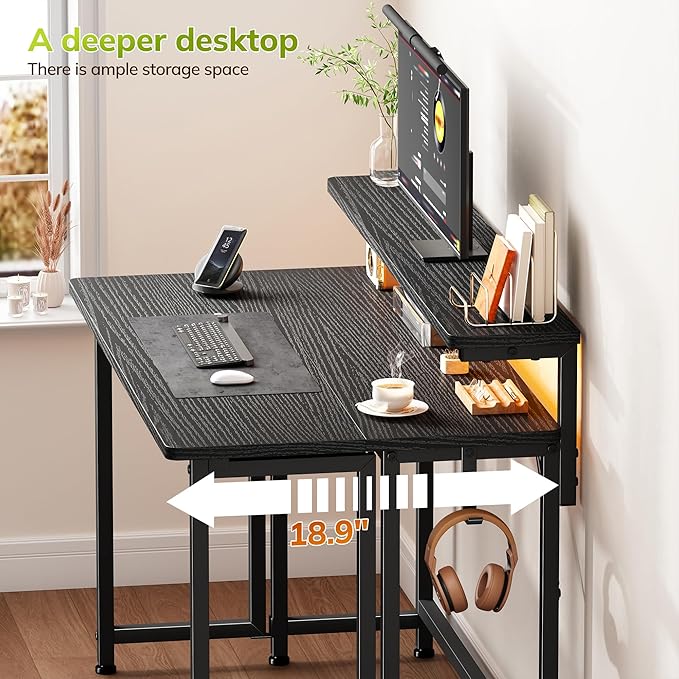 Folding Desk for Small Space,Foldable Computer Desk with Monitor Stand,31.5 Inch Small Desk with LED Lights for Bedroom Home Office,Writing Work Office Computer Desk with Hooks,Black