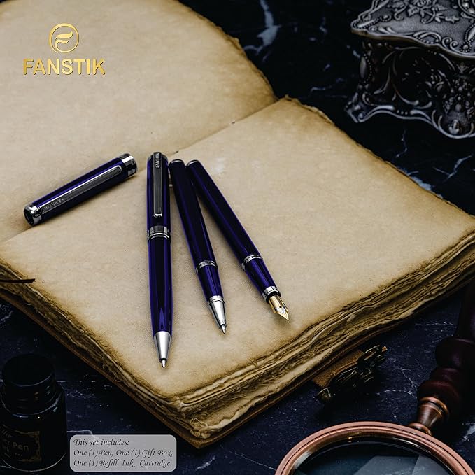 Customized Blue Luxury fountain pen, fancy gift set for women, Chrome Finish, Professional executive pen gift set for men (Lux Custom-fountain Blue)