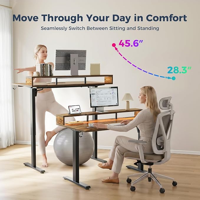 Klicelor Electric Standing Desk with Shelf, 55 Inch Height Adjustable Desk with Power Outlets & LED, Sit Stand Up Table with Monitor Stand, Computer Workstation for Home Office, Rustic Brown