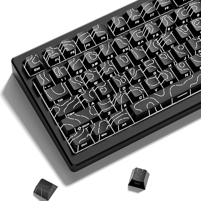 dagaladoo Black Topographic keycaps,Line Backlit Keyboard caps,Shine Through Keycap Side Printed,Cherry Profile keycap Set for 61/64/66/68/71/75/84/87/100 Mechanical Keyboards(134-key)