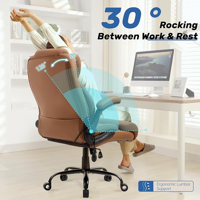 550LBS Big and Tall Office Chair, Comfy Heavy Duty Executive Chair with Adjustable Lumbar Support Double Spaces Casters, Fabric Extra Wide Seat Ergonomic Computer Desk Chair for Back Pain,Brown