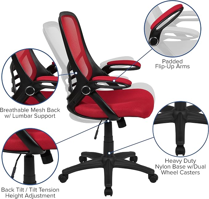 Flash Furniture Porter High Back Mesh Ergonomic Swivel Office Chair with Lumbar Support, Flip-Up Arms, Tilt Lock/Tilt Tension, Height Adjustable, Red/Black Frame