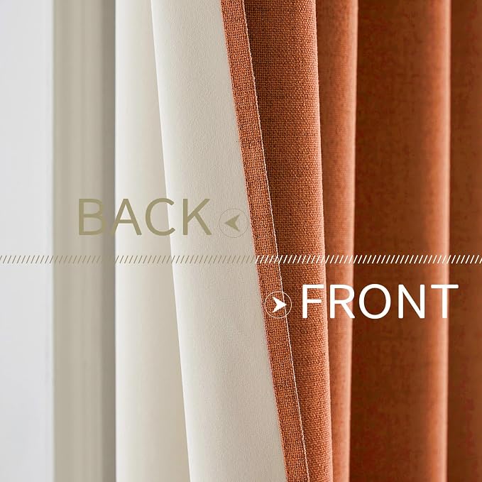 MIULEE 100% Blackout Linen Curtains for Bedroom Thermal Insulated Orange Grommet Room Darkening Curtains & Drapes Fall Decor for Living Room 52 x 84 Inch (2 Panels)