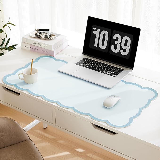 Scalloped Desk Mat, 31.5" x 15.7" Large Cute Aesthetic Desk Accessories, PU Leather Computer Laptop Desk Mouse Keyboard Pad, Desk Writing Mat for Vanity/Work/Home Decor (Blue, 31.5" x 15.7")