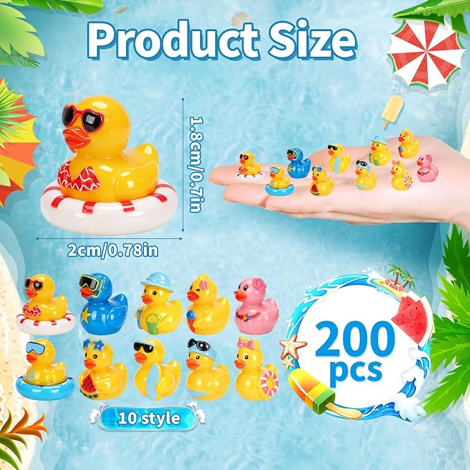 200 Pcs Summer Mini Resin Ducks 10 Styles Hawaii Beach Tiny Cruise Ducks to Hide Miniature Duck Figurines for Summer Swimming Pool Party Cruise Ship Game DIY Craft Cake Aquarium Desktop Decor