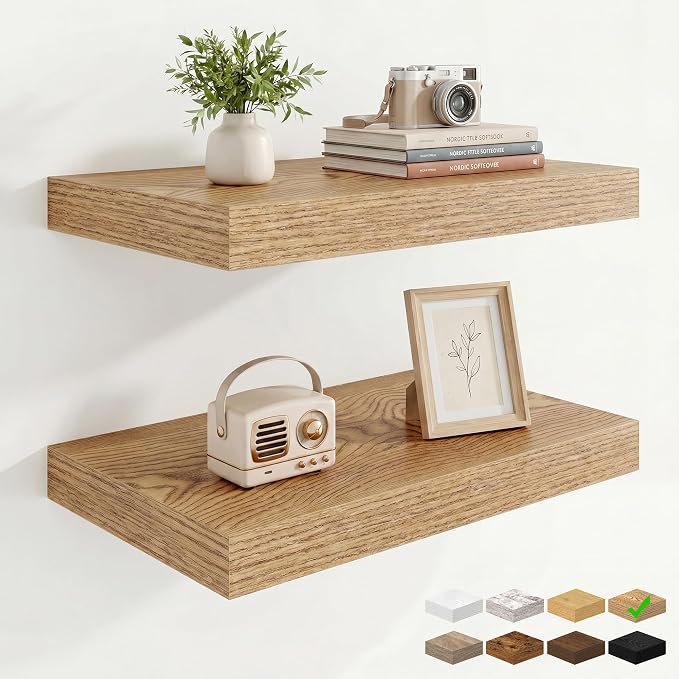 Marsmiles 16in Floating Shelves for Wall, 16" W x 9.25" D x 1.25" H, 2 Pack Long Wall Mounted Engineered Wood Shelves with Invisible Brackets for Living Room, Bedroom, Bathroom, Kitchen, Cedar