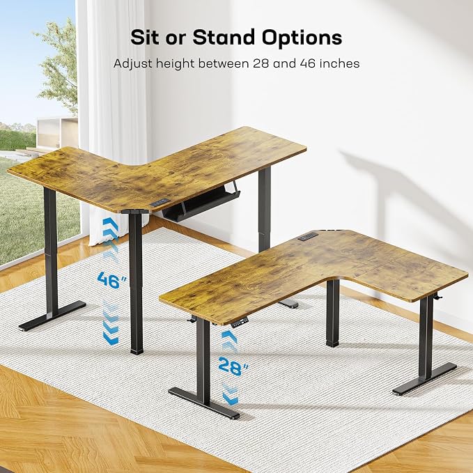 HUANUO 63″ L-Shaped Standing Desk, Built-in Power Outlets, Vintage Brown | Smooth Electric Height Adjustment, 3 Memory Presets, Sturdy Steel Frame, 220 lbs Capacity, Large Power Strip Holder