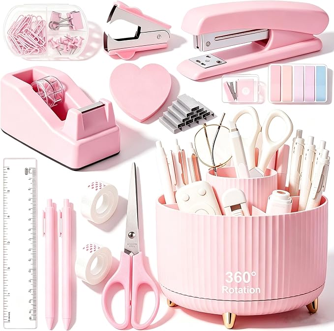 Office Supplies Set Rotating Pen Holder for Desk with Stapler Staple Remover Tape Dispenser,2pcs Tape Refills, Binder Paper Clips Kit, Scissor,Pen Ruler & Sticky Tabs,Pink Office School Supplies(Pink)