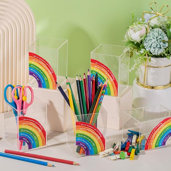 Sherr 10 Pcs Acrylic Pen Holders Teacher Appreciation Gifts Rainbow Pencil Storage Cups Inspirational Desk Organizers Stationery Pots Bulk for School Classroom Office Supplies