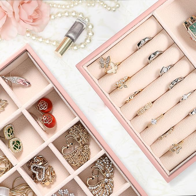 LANDICI Stackable Jewelry Organizer Trays 4 Set,PU Leather Jewelry Organizer Drawer,Jewelry Storage Display Tray for Earring Necklace Rings Bracelet with Removable Dividers,Pink