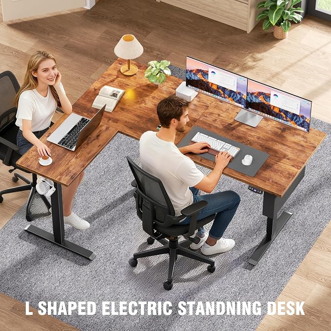 Korfile L Shaped Electric Standing Desk,63 Inch Adjustable Height Sit to Stand Corner Desk with Memory Presets, Reversible Computer Table for Home Office, Work and Study, Rustic Brown