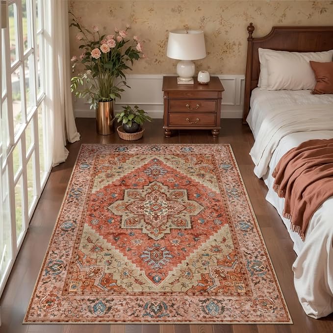 Tangsoo 3x5 Rug, Washable Vintage Rugs Indoor Area Rug, Non Slip Accent Rug, Print Distressed Carpet, Soft Low Pile Rug for Living Room Dorm Bedroom Bedside Entryway Bathroom Terracotta/Multi