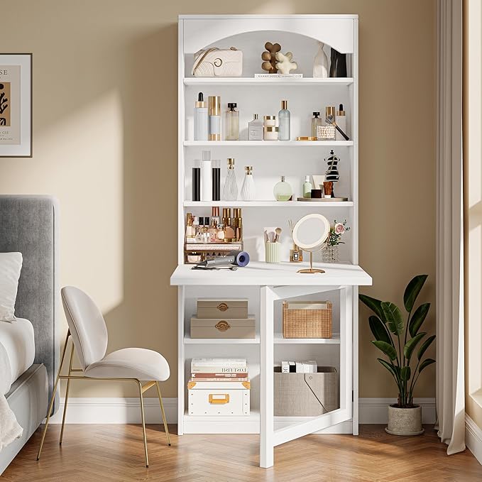 Folding Desk with Storage, Space-Saving Foldable Convertible Writing Table, Wall Mount Fold Out Computer Desk for Home Office, Craft Room, Living Room, Bedroom, White