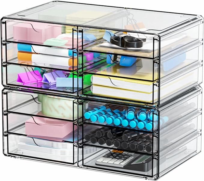 2 Pack Acrylic Storage Drawers With 12 Small Drawer,Stackable Office Cabinet Organizer and Makeup Organizer,Clear Plastic Drawers for Craft Supply,Pen,Stationary,Accessory,Makeup,Desk Organizer