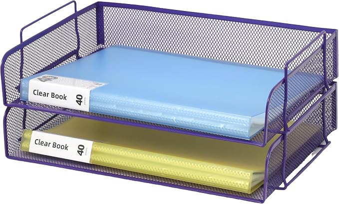 2 Pack Stackable Desk Paper Tray, Metal Mesh Desktop Document Letter File Organizer for Office Home School, 13.5'' L x 9.75'' W x 5.5'' H, Purple
