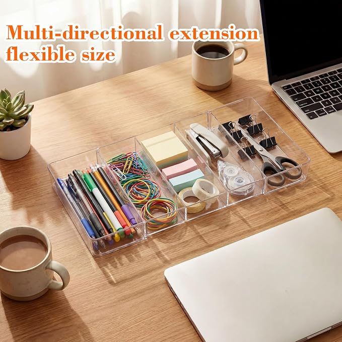 Briwooody 1 Pcs Large Expandable Acrylic Drawer Organizers, Grid Adjustable Drawer, Dividers Organizer for Desk, Makeup, Jewelry, Office, Kitchen Supplies (Clear,5 Compartments)
