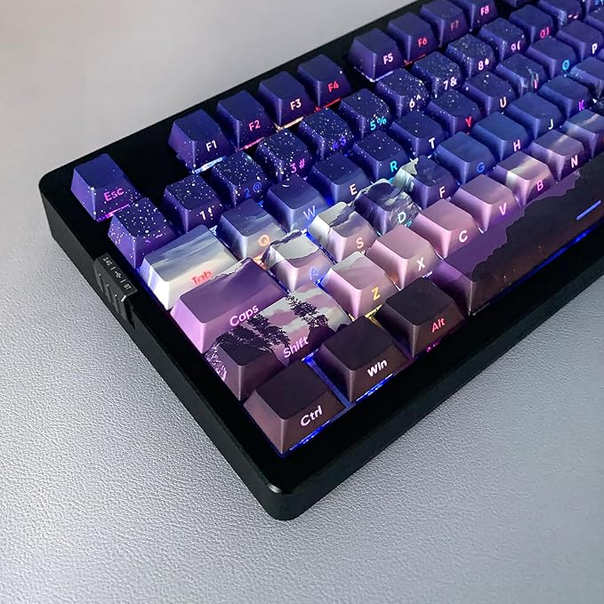 JSJT PBT Keycaps Side-Printed Keycap Set Double Shot Shine Through Custom Keycap 126 Keys Cherry Profile Gradient Purple Dawn Themed Keycaps for Cherry Mx Switchs Mechanical Keyboard