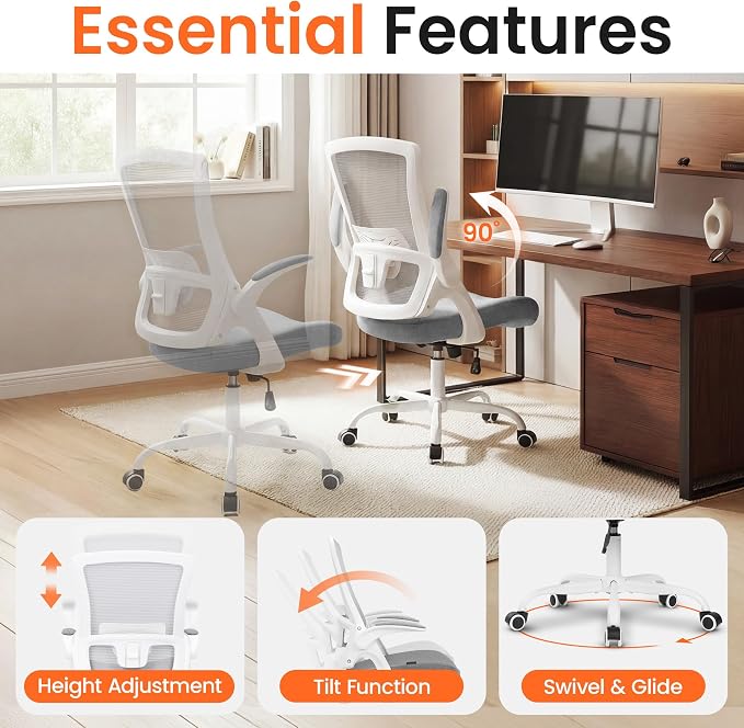 NEO Chair Office Chair High Back Desk Mesh Chair Comfy Computer Gaming Seat with Adjustable Ergonomic Lumbar Rolling Flip-up Armrests and Wheels (Grey)