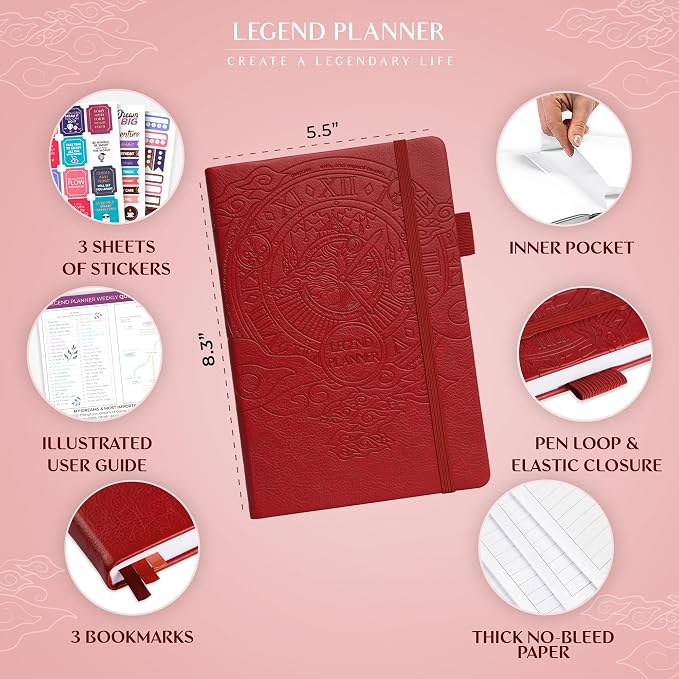 Legend Undated Weekly Planner – Goal Planner Journal & Organizer Notebook – Agenda Book with Monthly Calendar & To-Do List, A5 (Red)