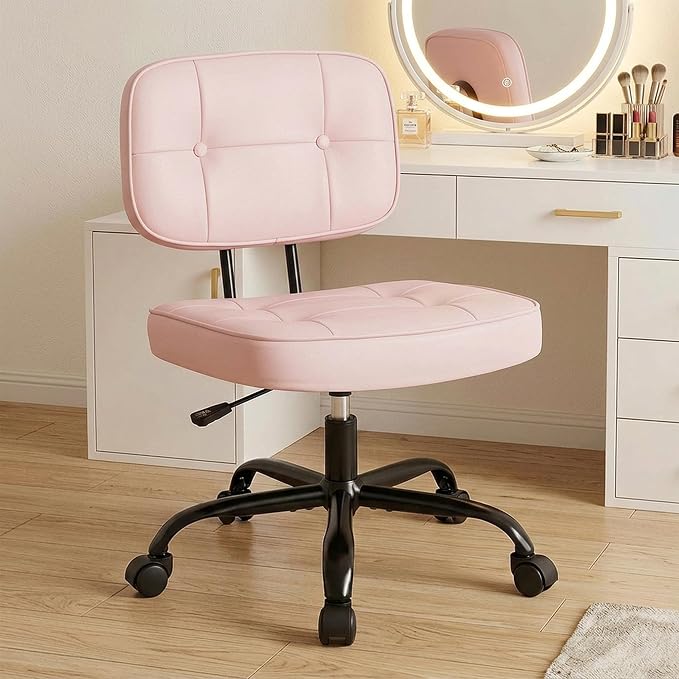 DUMOS Armless Office Desk Chair, Small Vanity Chair with Lumbar Support | PU Leather, 360° Rolling Swivel, Height Adjustable, Fit Computer Task, Bedroom Living Room, Pink