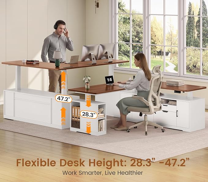 SEDETA Modern L Shaped Electric Standing Desk, 69" x 55" Height Adjustable Office Executive Desk with 4 Drawers and Storage Shelves, Sit Stand Computer Desk with Power Outlet, White + Brown