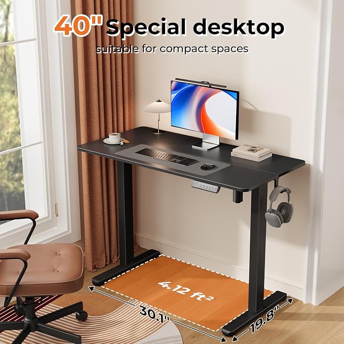 Electric Standing Desk, 40" ×20" Samll Standing Table, Height Adjustable Compact Sit Stand Desk with Splice Board, Home Office Table with 2 Hooks, Black