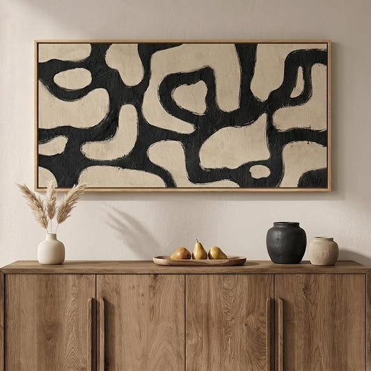 Framed Neutral Horizontal Abstract Wall Art for Living Room, Extra Large Black and Beige Modern Painting Print, Mid Century Canvas Artwork for Dining Room Bedroom Hallway Office Walls Decor, 30x60 Inch