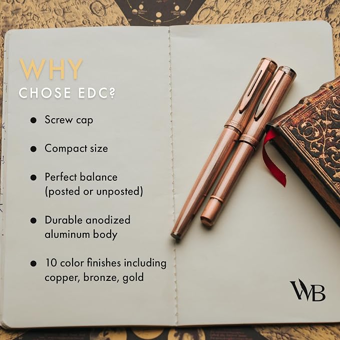 Wordsworth and Black Fountain Pen Mini EDC: Luxury Copper Heavy Pocket Pen, Medium Nib, 6 Ink Cartridges, Ink Converter, Travel Refillable Writing Pen Gift Set, Men & Women