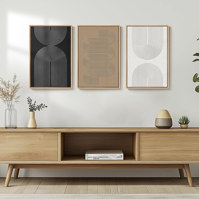 Framed Black and White Brown Abstract Wall Art, 3 Piece Boho Geometric Canvas Prints Paintings Artwork for Walls, Modern Minimalist Neutral Pictures for Living Room Dining Room Bedroom Wall Decor 16x24 In