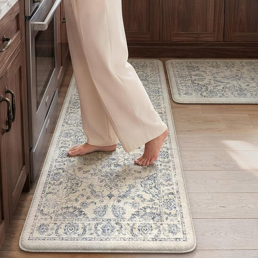 KIMODE Anti Fatigue Kitchen Mats for Floor, Boho Floral Kitchen Rugs 17"x29.5"+17" x47”, Cushioned Mats for Kitchen Floor, Non Slip Kitchen Floor Mats, Sink, Laundry, Office, Desk Blue Multi