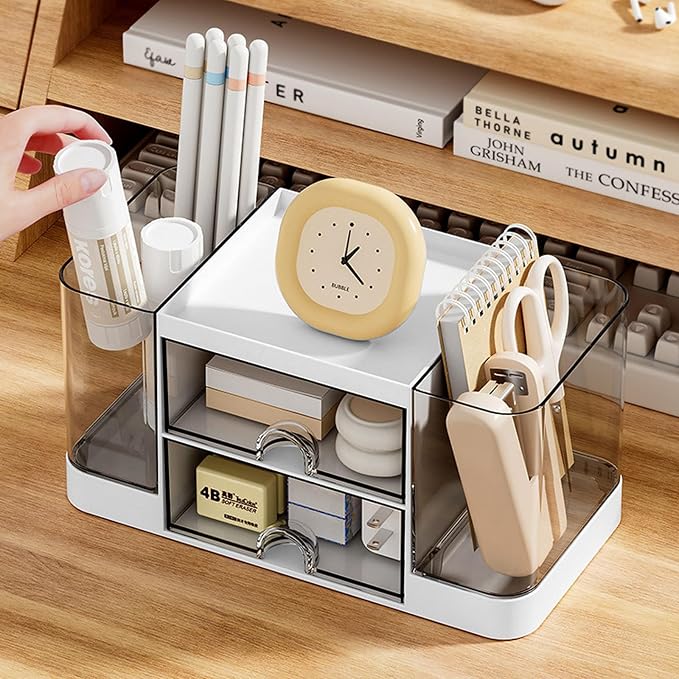 Desk Organizer with Pen Holder and 2 Drawers, Office Organizer, Desktop Organizer for Desk, Office, School, Home (White)
