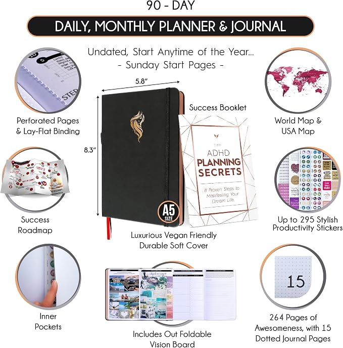 90-Day Goal Planner with Daily Journal, Gratitude & Habit Tracker | ADHD Planner, Undated, Gratitude Journal for Women and Men, Manifestation Planner & Productivity