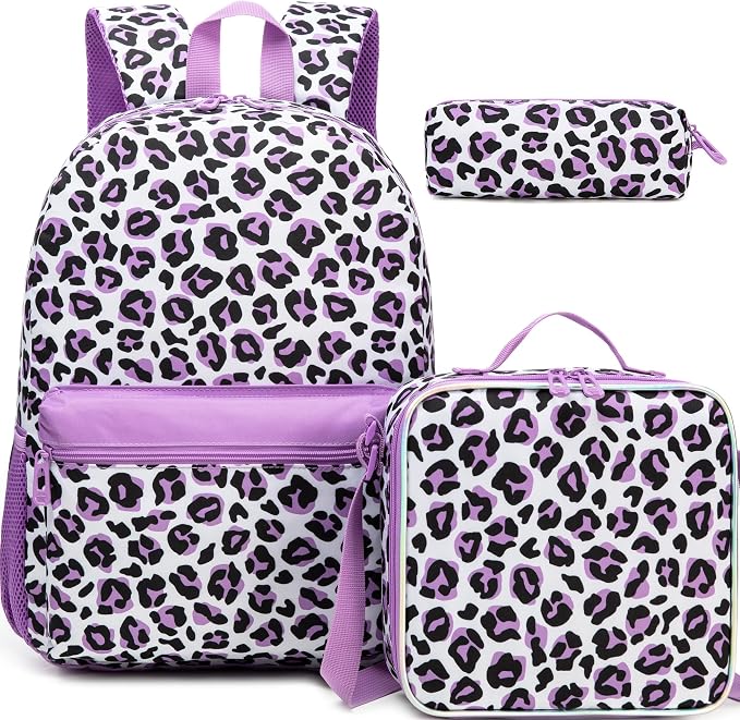 Backpack for Girls Backpack for School 8-10 Kids Backpacks with Lunch Box Leopard Print Schoolbag for Kids