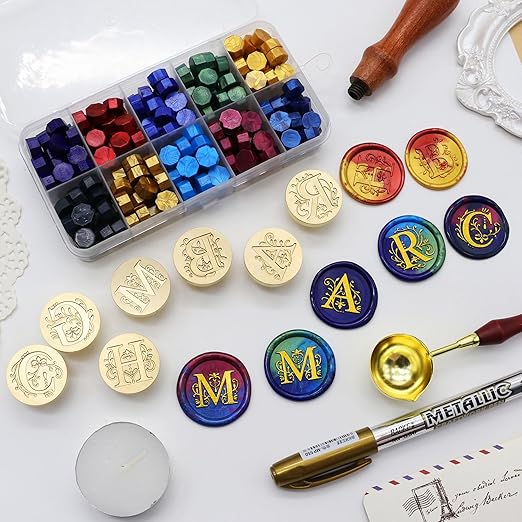 SWANGSA Initial Alphabet M Wax Seal Stamp Kit, Classic Retro Letter Sealing Stamp with 200pcs Sealing Wax Beads Kit for Wedding Invitations Cards Envelopes (M)