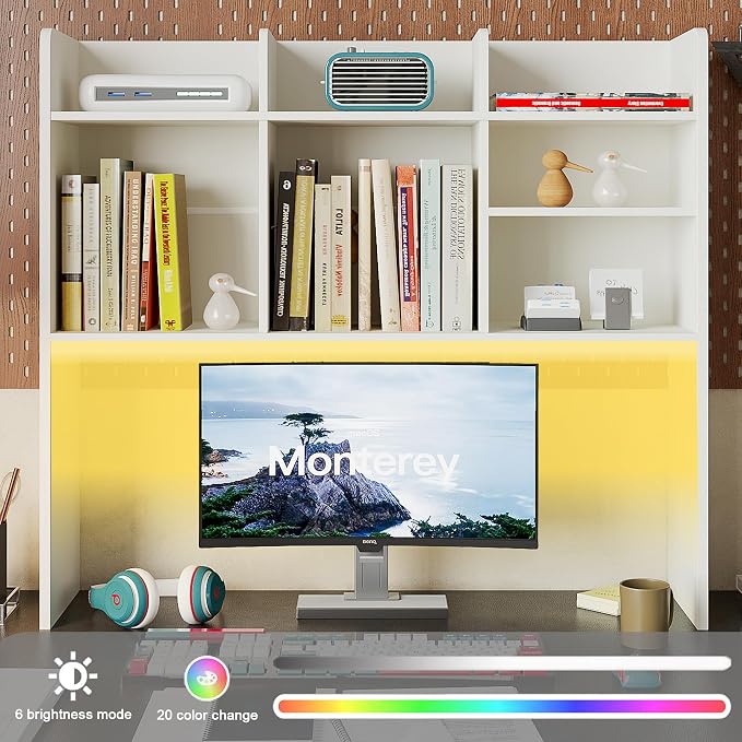 ChooChoo Desk Hutch Dorm with LED Lights, Desktop Bookshelf with 7 Shelves | Desktop Shelf, Bookshelf Storage for College Dorm Office Home, White