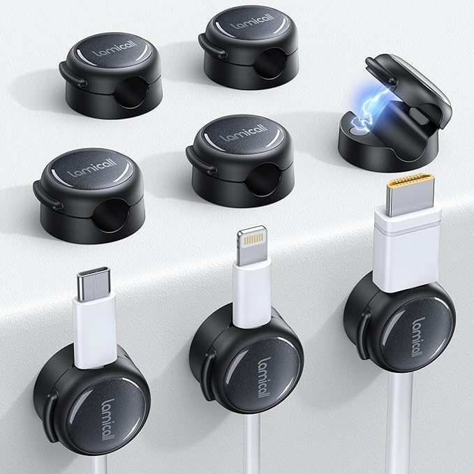 Lamicall 8 Pack Magnetic Cord Organizer, Crystal-Clear Cable Clips | N52 Magnet, Phone Charging Cord Holder, Adhesive Wire Holder for Home Office Nightstand, Christmas Organizer Accessories