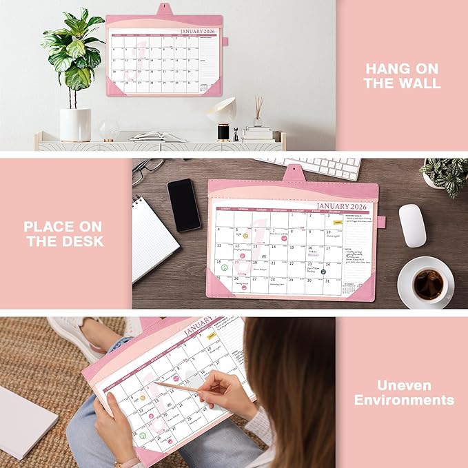 Ospelelf Desk Calendar 2026-2027 with Storage Pocket Protective Cover Large 12"x17" Leather Monthly Wall Planner Pad 18 Months January 2026 - June 2027 Pink