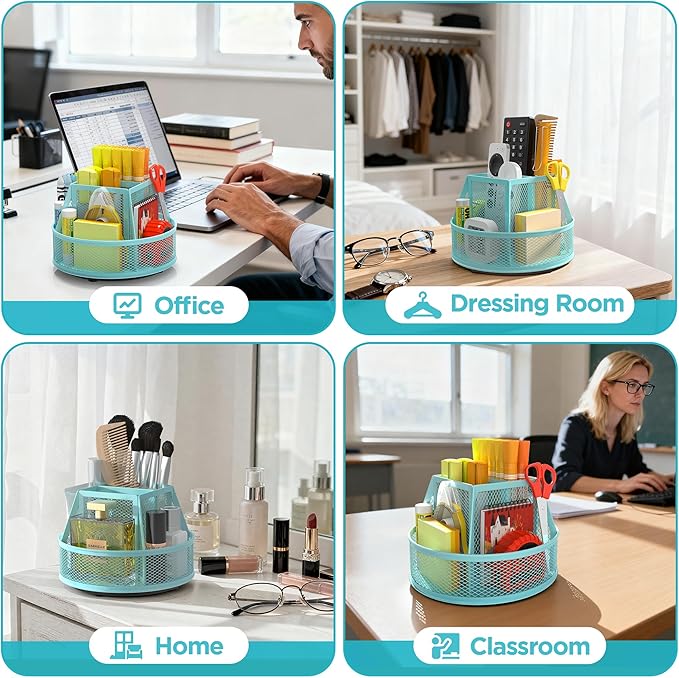 Docnest Mesh 360 Degree Rotating Pen Holder with 6 Compartment,Metal Pencil Cup Art Supply Storage Box Caddy,Teacher Stationery and Dorm Supplies Desk Organizer for Pencil,Sticky Note,Scissors-Blue