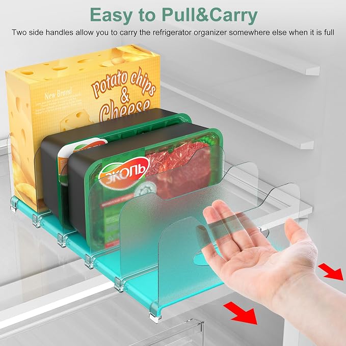 Freezer Organizer,12" Visible Fridge Organizer Rack with Removable Dividers | Freely Adjustable,Easy to Pull Out and Carry Handle, Fits Refrigerator Frozen Meals, Lunch Meat Box, Cheeses, Mint Green