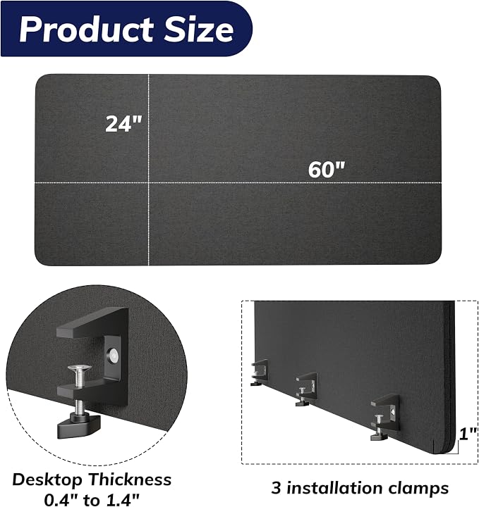 Desk Privacy Panel 24 x 60 Inch,Sound Absorbing & Proof Desk Divider for Office, Clamp-on/Screw-on Acoustic Desk Back Panel Partition, Dark Gray